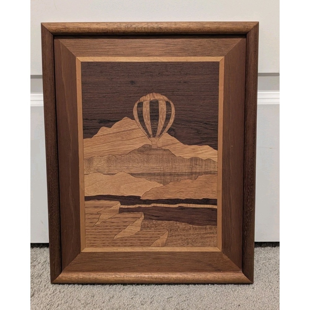 Jeffrey Nelson Wood Marquetry Art Vintage 1980s Hot Air Balloon Landscape Signed